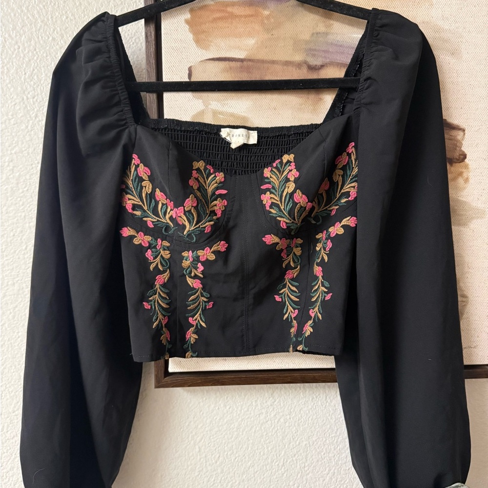 Black Embroidered Puff Sleeve Crop Top